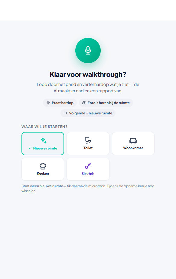 ImmoSpect mobiele walkthrough — praat hardop per ruimte, foto's horen bij de ruimte