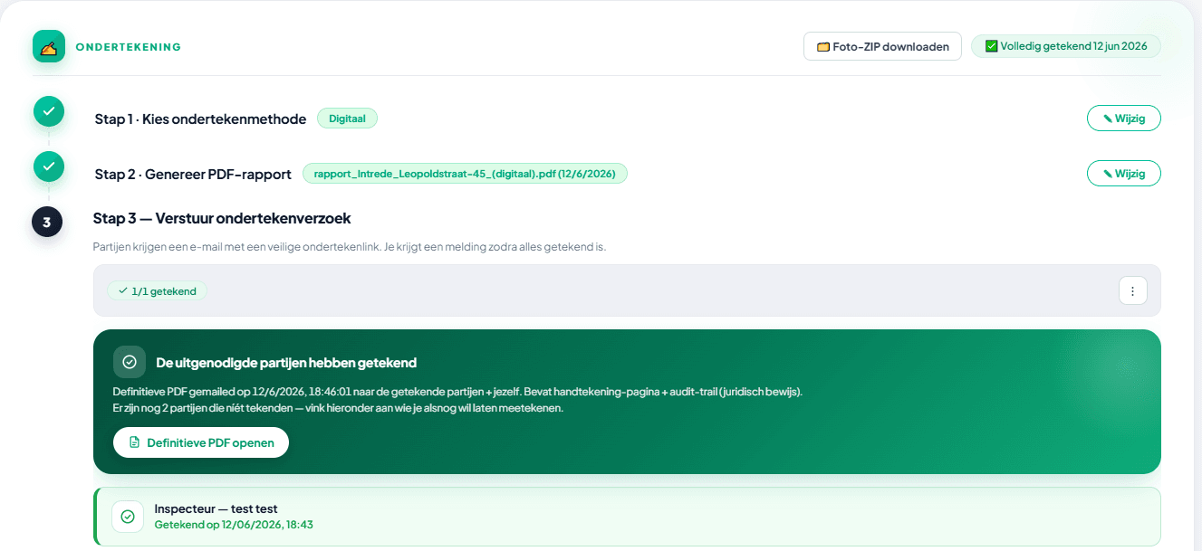 ImmoSpect desktop — PDF-rapport gegenereerd en volledig digitaal ondertekend