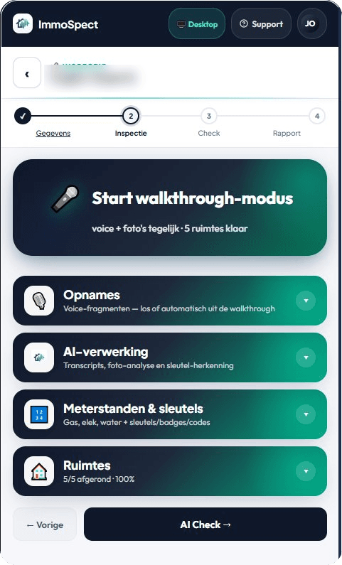 ImmoSpect mobiele walkthrough — inspecteur spreekt en fotografeert per ruimte