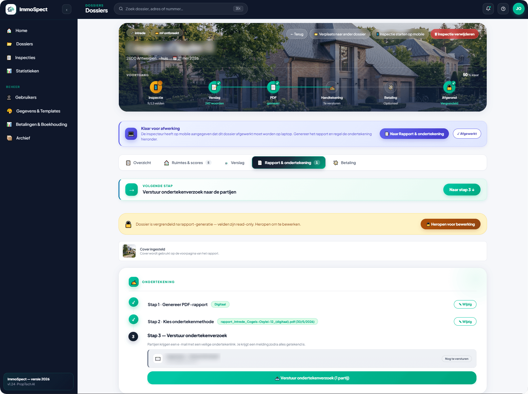 ImmoSpect desktop — AI-rapport gegenereerd, ondertekening en betaling in één dashboard